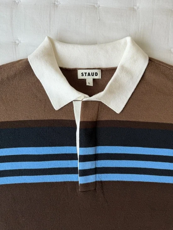 Staud Large Sail Top Earth Multi Stripe Cotton Knit Rugby Polo - Picture 8 of 9
